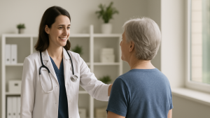 Female doctor speaking with an older female patient in a bright exam room at Sacred Heart Clinic in Williamson County, showing compassionate care and supportive medical services.